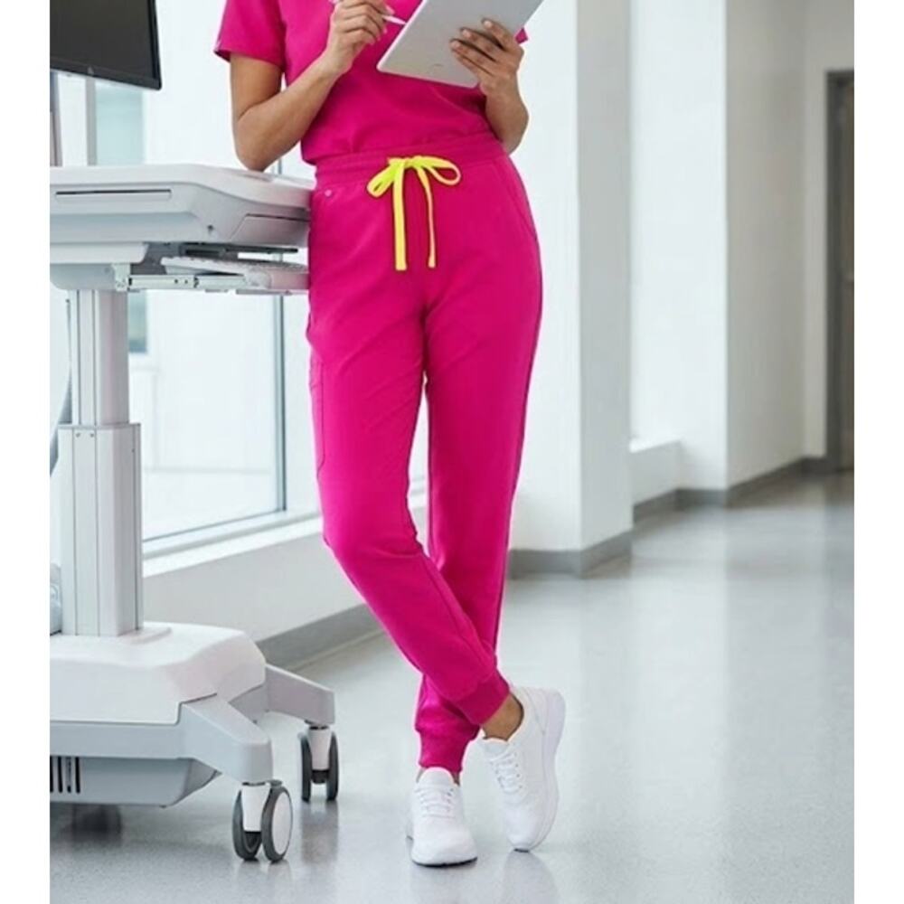 FIGS Hot Pink Zamora Jogger Scrub Pants 5XLP w/ Neon Lemon Drawstring